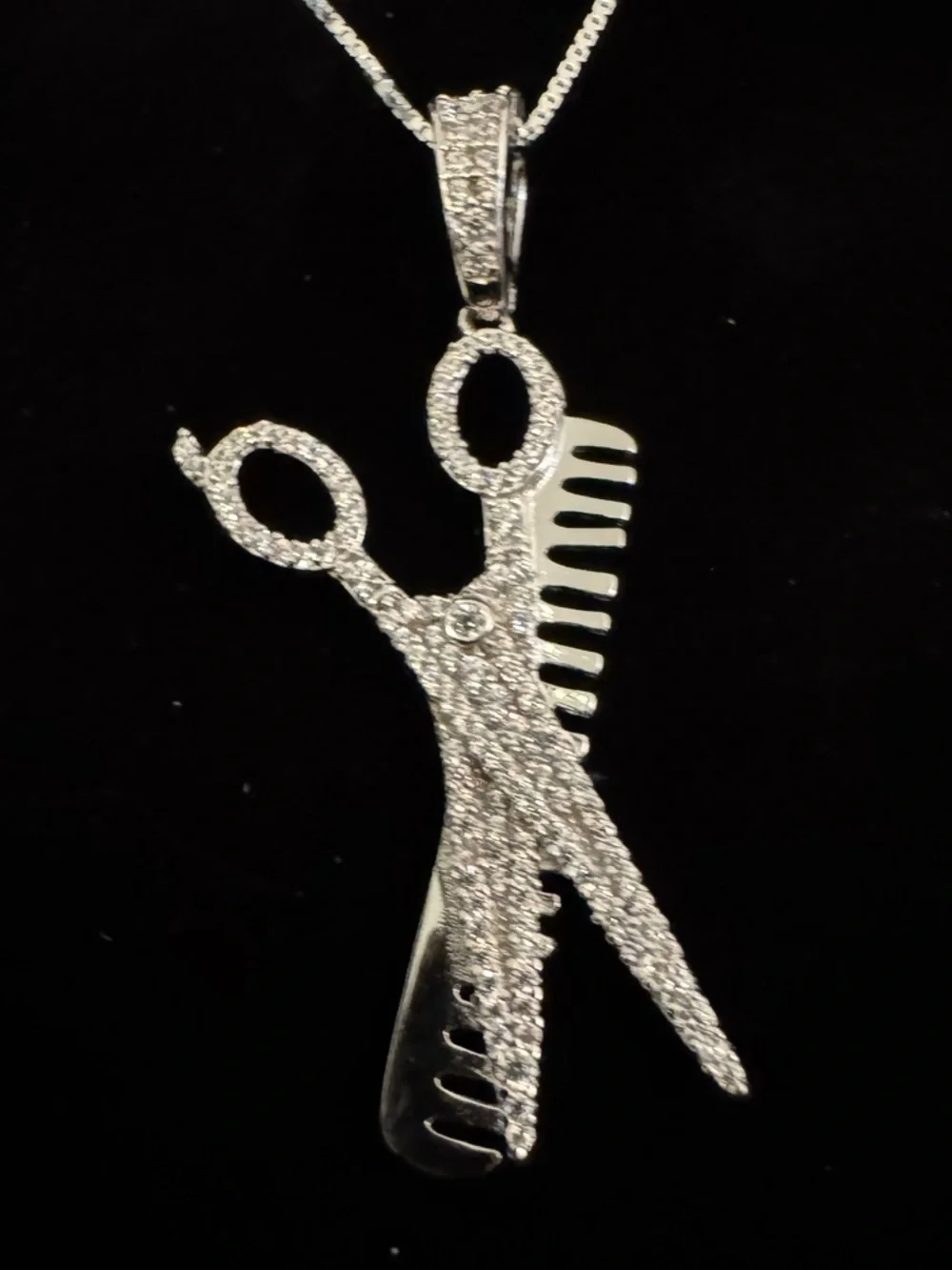 Sterling Silver Scissor & Comb Pendant Necklace -‎ Rhinestone Accent 18” chain